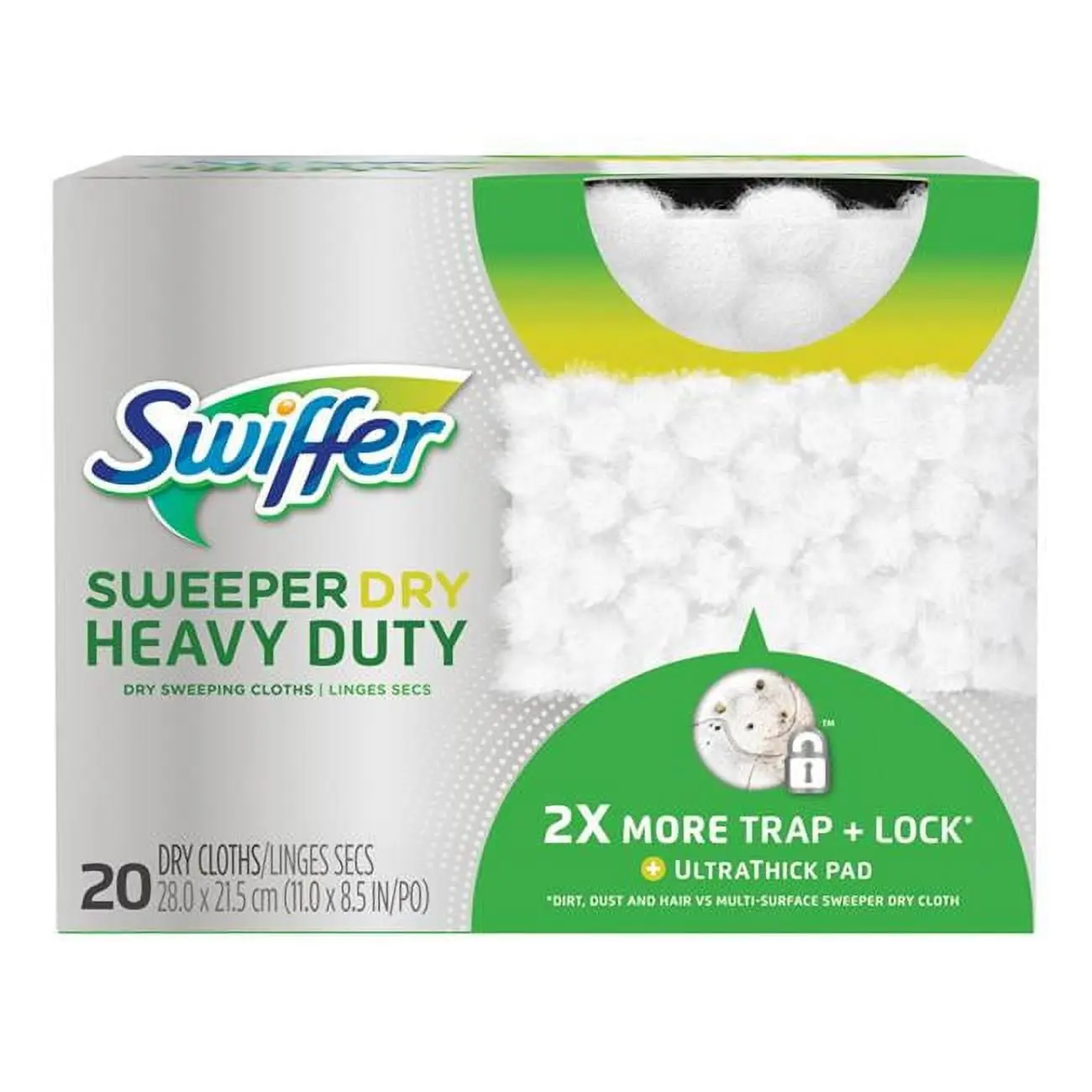Swiffer Heavy Duty Dry Sweeping Refill Pads, 11x8.5 in, 20-pack, 0.5lbs, 2x More Trap + Lock Technology, Traps Dirt Cleaning Cloths for Home Care Supplies