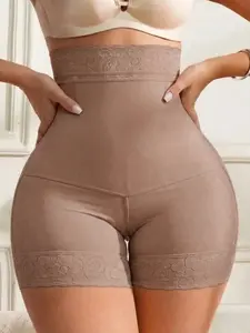 1 Count Women's Underwear Lace Trim High Waist Shapewear Shorts, Tummy Control Butt Lifting Compression Shaping Pantie, Fajas, Hourglass Sculpting Bottoms, Breathable Soft Fabric Briefs, Suitable For Holiday & Sports & Gifts To Her