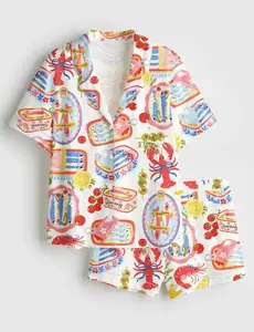 Fisherman Aesthetic Sardines Pajamas Set Cute Coastal Summer Short Sleeve Button Down Shorts, Cute Sardines Can Girly Summer Tinned Fish Pjs, Coastal Nautical Ocean Beach Vibes Gifts Pajama Set