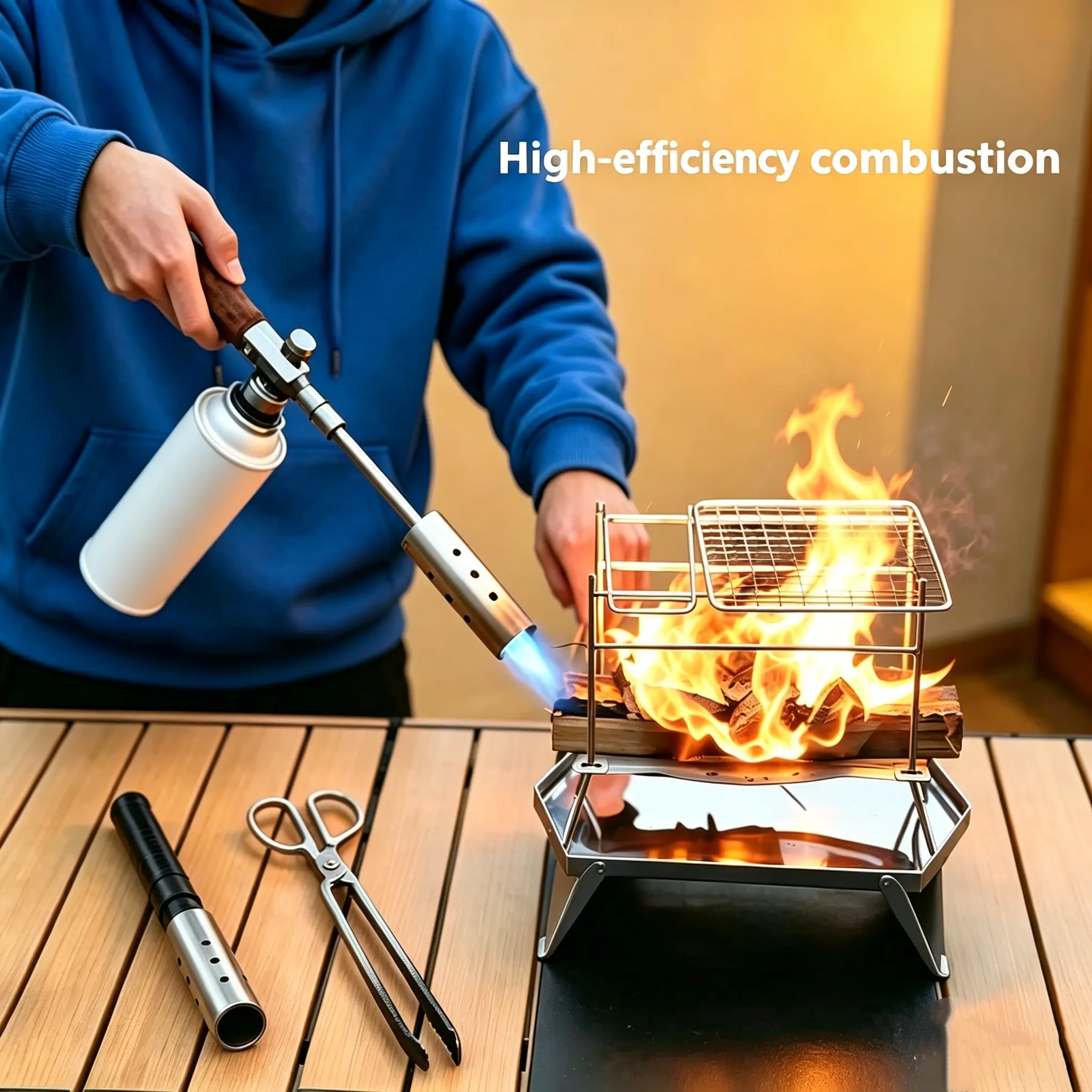 Sturdy Wooden Nozzle Butane Gas Blowtorch, Detachable Adjustable-Length Steel Charcoal Lighter for Indoor Kitchen Grill, Camping (Gas Not Included), Flexible, Stainless, Garden