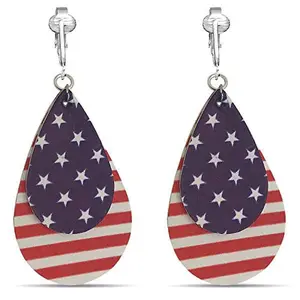 Teardrop Double Layered Stars and Stripes American Flag Clip On Dangling Earrings