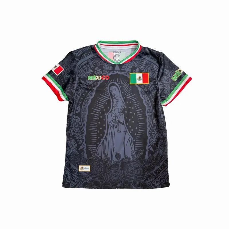 México Virgencita Black Unisex Jersey with Mexican Flag Accents and Virgen de Guadalupe Graphic Short Sleeve for Casual Wear Sports or Cultural Events