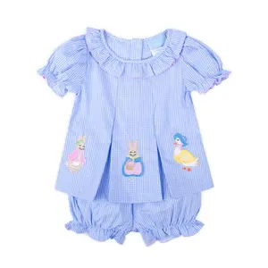 Storybook Rabbit Blue Gingham Chloe Bloomer Set - Easter Outfit for Baby & Toddler Girls