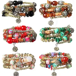 FIBO STEEL 6 Sets Multicolor Stackable Bracelets for Women Stretch Multilayered Boho Jewelry Christmas Gift Trendy Fashionable Accessories