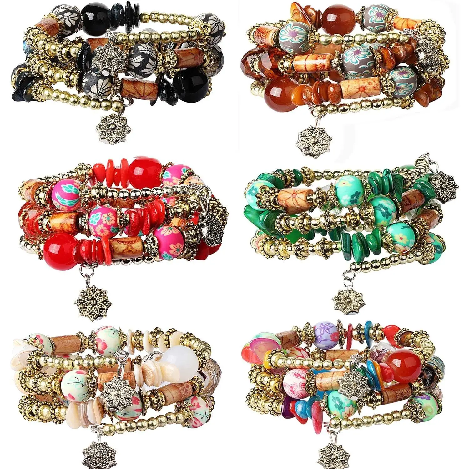 FIBO STEEL 6 Sets Bohemian Stackable Bead Bracelets for Women Stretch Multilayered Bracelet Bangles Set Multicolor Boho Jewelry