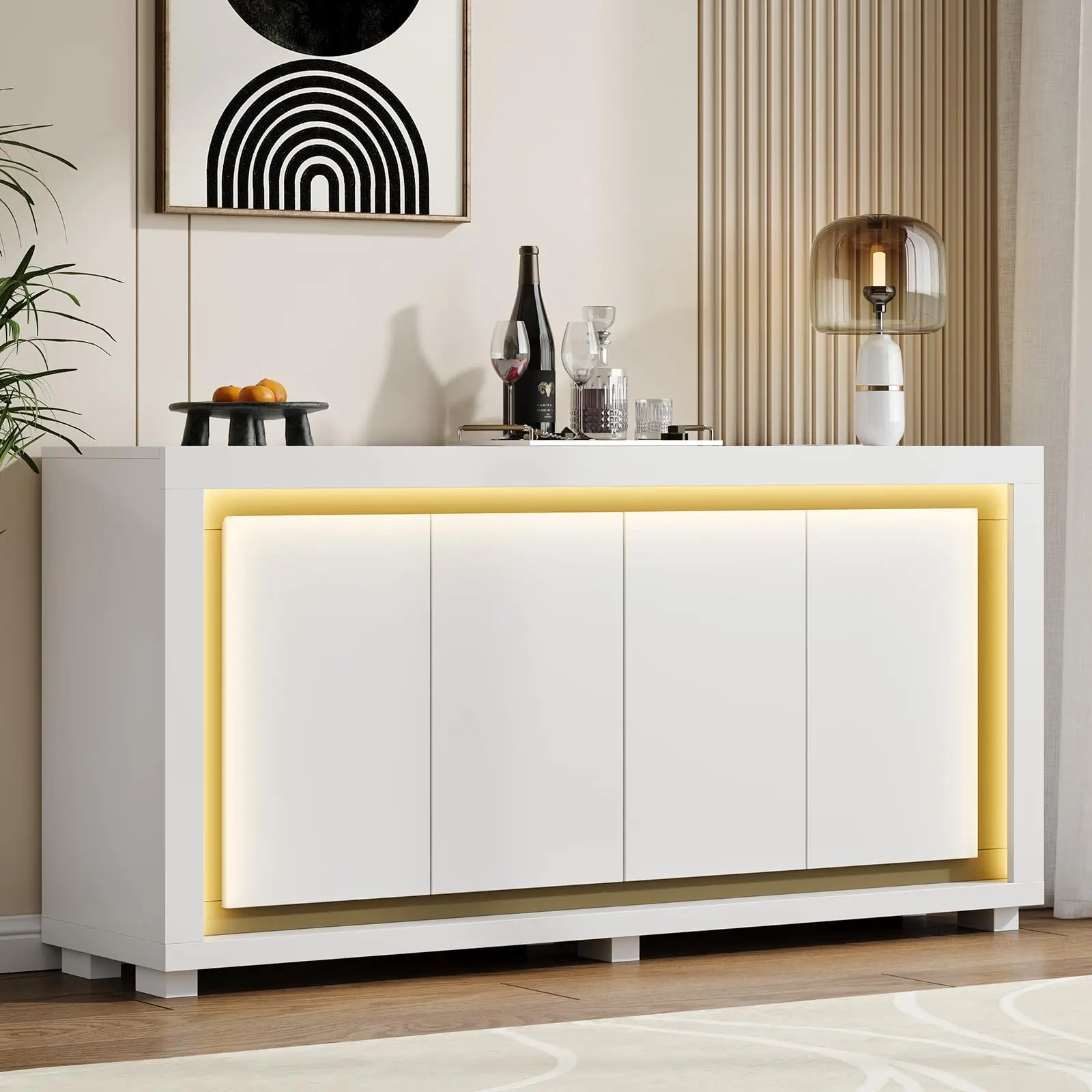 【SummerFinds】ONBRILL 63" Modern Sideboard Buffet Cabinet with Power Outlets & LED Light, Coffee Bar Cabinet, Storage Solution for Living Room, Kitchen, Coffee Bar Cabinets, Modern Accent Cabinet