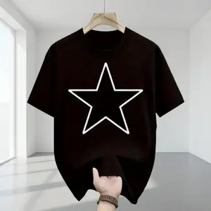 Outline Star Graphic Tee for Men Oversized Streetwear Short Sleeve Crewneck Cotton Blend Casual Summer Top for Everyday Outfit