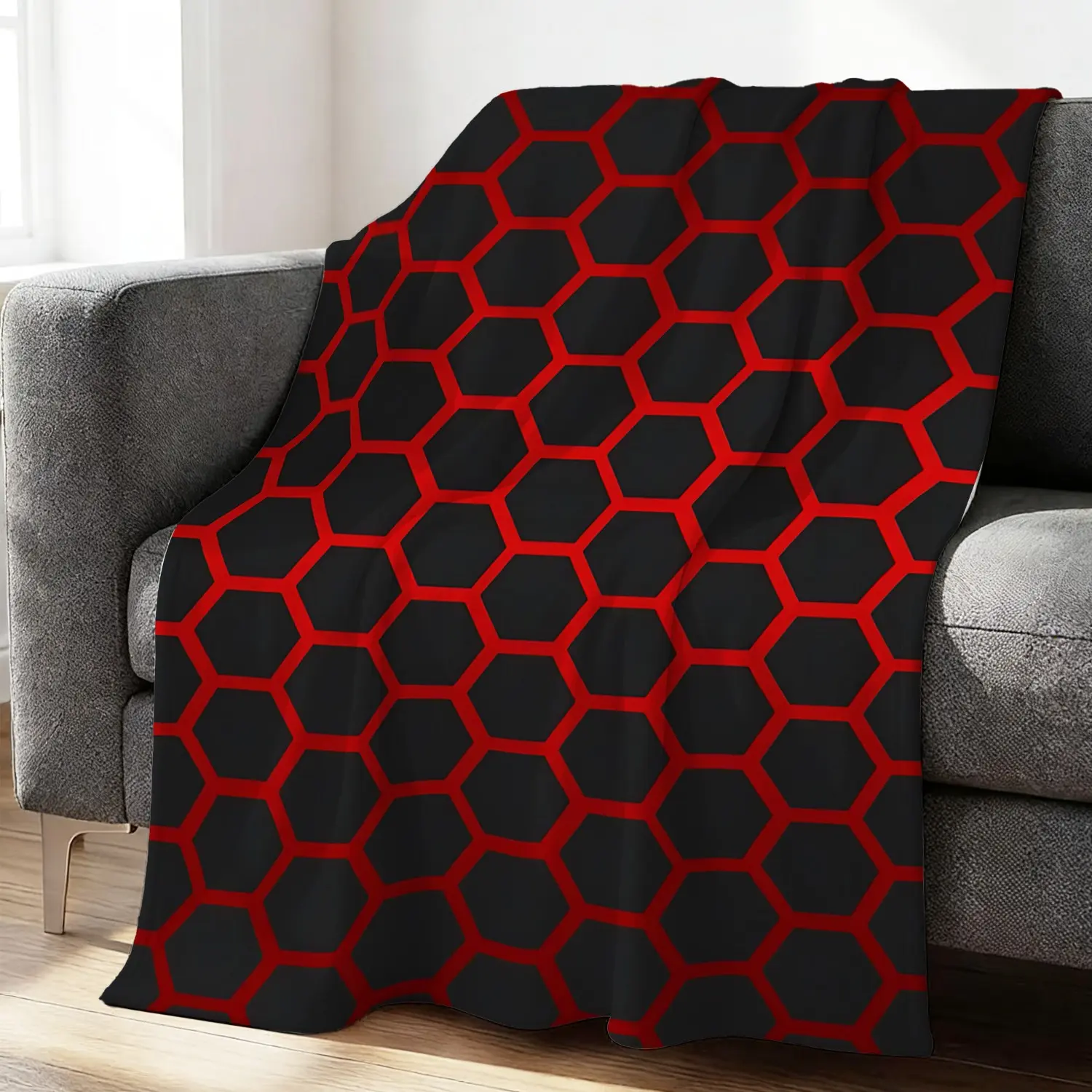 Minimalist Red Black Hexagon Art Flannel Blanket, All‑Season Wearable Warm Throw Blanket, Suitable for Bed, Couch, Camping, Travel & Office Use, Machine Washable Lightweight Blanket.
