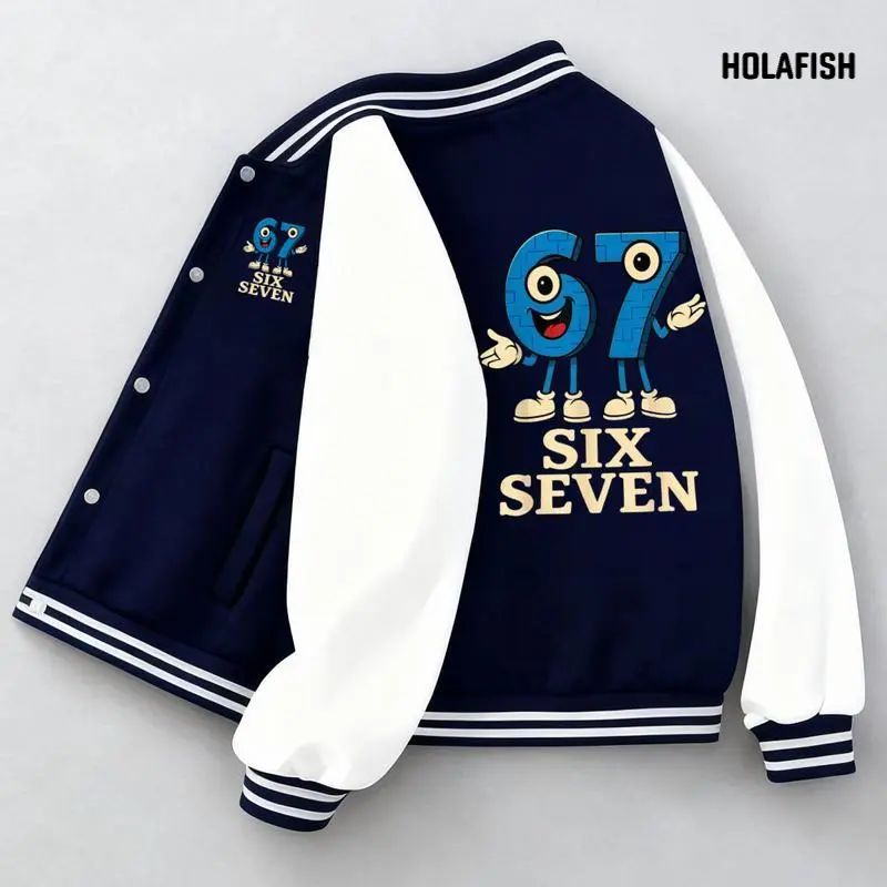 Holafish Kids Baseball Jackets Girls' Baseball Jacket with Blue and White Baseball Bomber Jacket with Number 67 Print Coat New Design Casual for Boys and Girls Regular Fit Comfortable All-Season Novelty Top Fun Quirky Winter Wear in Polyester