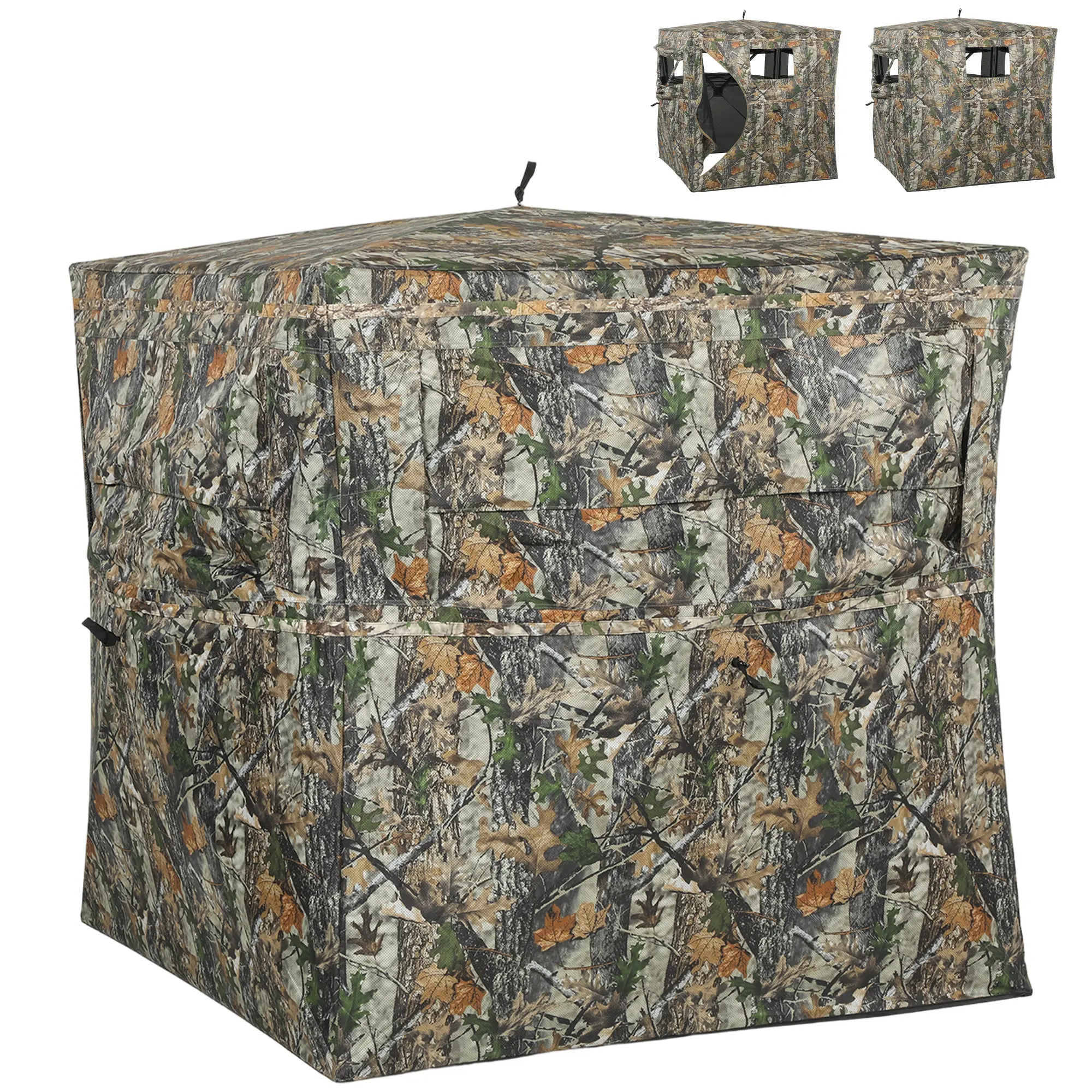 Outsunny 2-Person Pop Up Fiberglass Ground Blind, Stealth Hunting Shelter, Waterproof Maple Camo See-Through, 270-Degree View, Silent Windows, 58.3"x58.3"x63.8", 5-Second Setup, All-Season for Deer Hunting & Bowhunting Ambush Sessions
