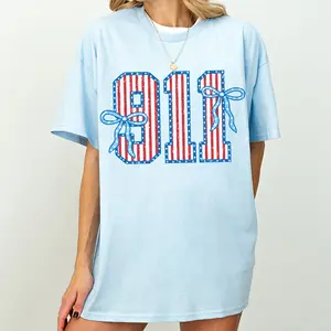 [100% Cotton] 911 Dispatcher T-Shirt, Patriotic 911 Graphic Tee, Coquette Bow First Responder Shirt, American Flag Short Sleeve Tee, Cute Dispatcher Outfit, EMS Police Fire Gift For Women
