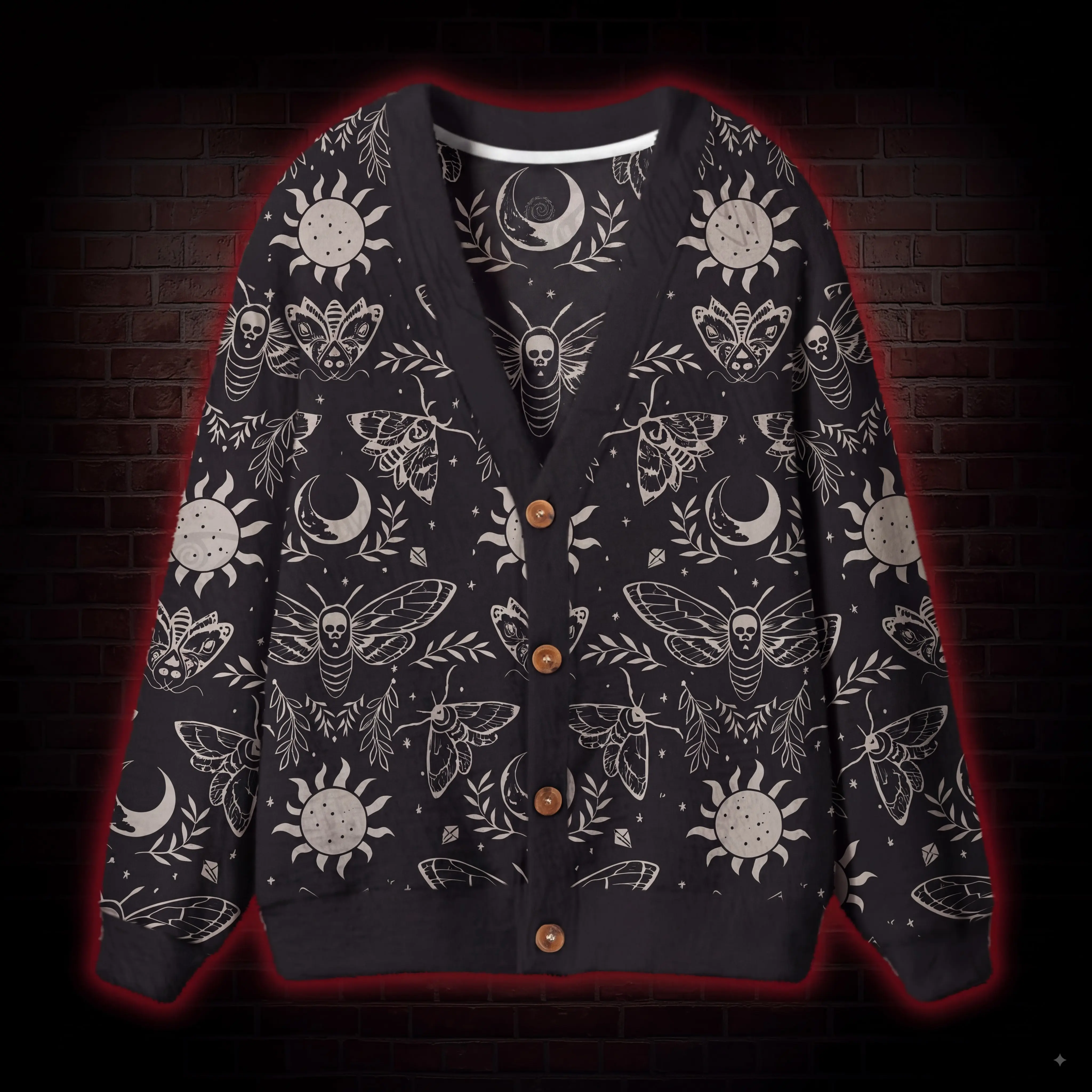 Celestial Moth Sun Moon Tarot Cardigan, Spooky Season Witchy Aesthetic V-Neck Button Down Top