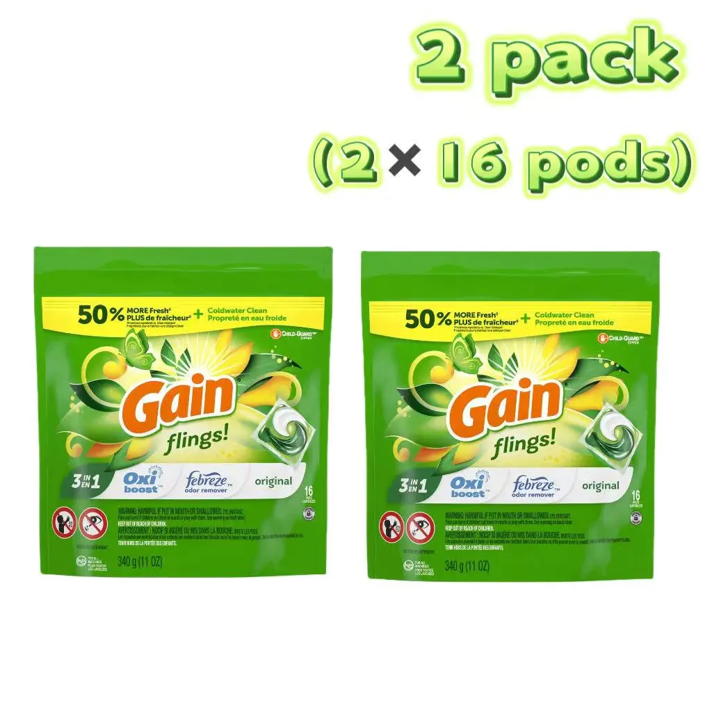2 Pack Gain Flings Laundry Detergent Pods 16 Count 3-in-1 Oxi Febreze HE Deep Clean Stain Remover