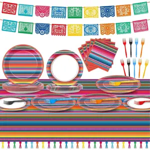 119 Pcs Mexican Fiesta Party Supplies Set Includes Mayo Mexico Serape Plates Napkins Forks Tablecloth Banners Day of The Dead Colorful Stripes Tableware for Dia De Los Muertos Decor Serve 25