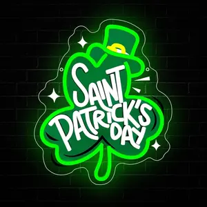 1pcs St Patrick's Day Neon Sign, Lucky Clover Happy St Patrick's Day Led Neon Light Signs for Wall Decor Party Favor Green Lucky Leaf Sign for Arbor Day Store Decorations Gift Dimmable USB Powered