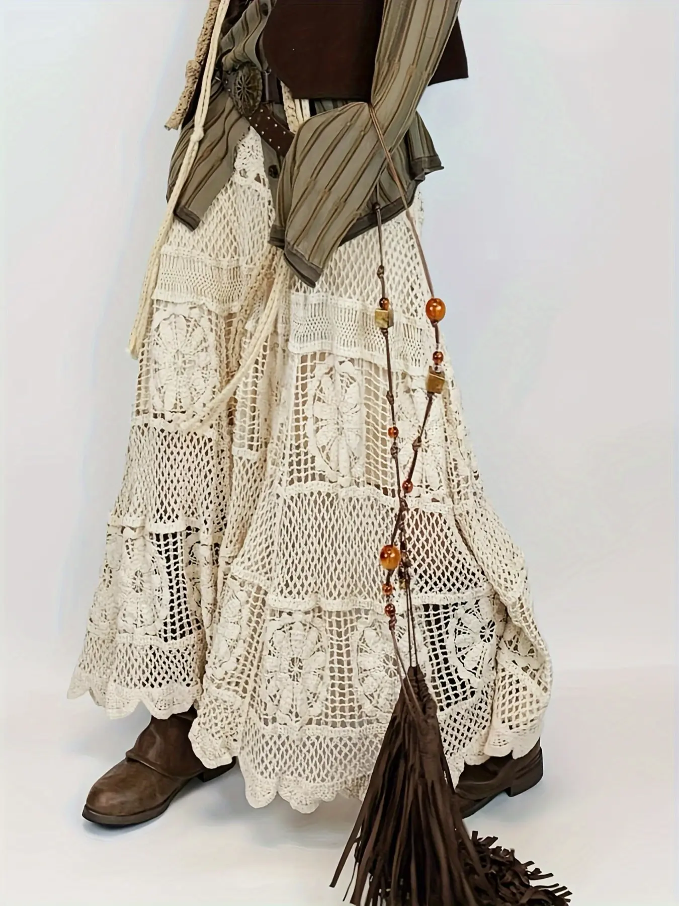 Women's Floral Crochet Hollow Out A Line Skirt, Boho Fashion Sheer Long Skirt for Beach Holiday Vacation, Ladies Bottoms for All Seasons