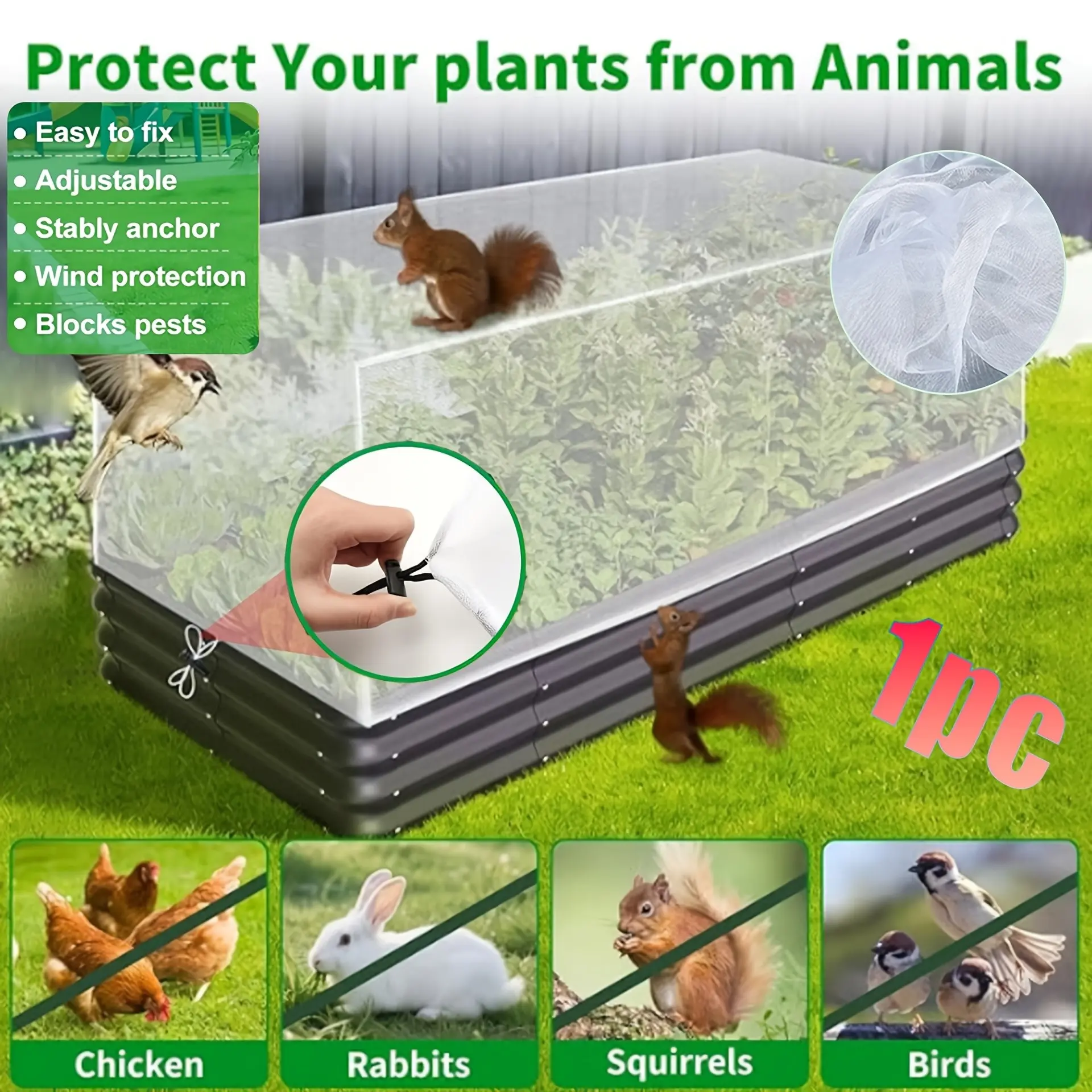 2-Piece Raised Garden Bed Net, Fine Mesh Pest Barrier with Tie-Down Rope, Protects Plants From Small Animals, Ideal for Vegetable Gardens, Garden Supplies