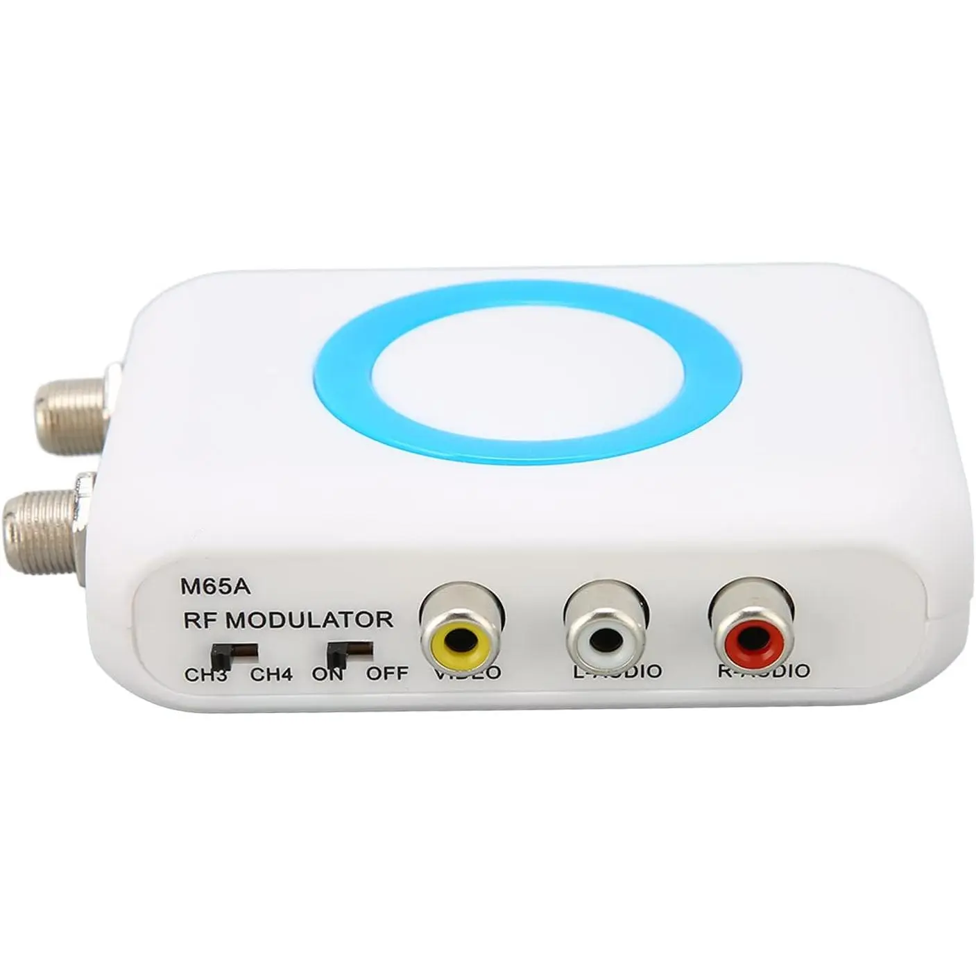 Portable Plastic PLL-Controlled AV to RF Coaxial Converter with PLL Controlled HD Input, M65 NTSC TV Format, Plug-and-Play VHF Demodulator, Audio Support, Selectable Output Channel for CATV System, Sturdy and Long Service Life, Cordless, Audio-Supported