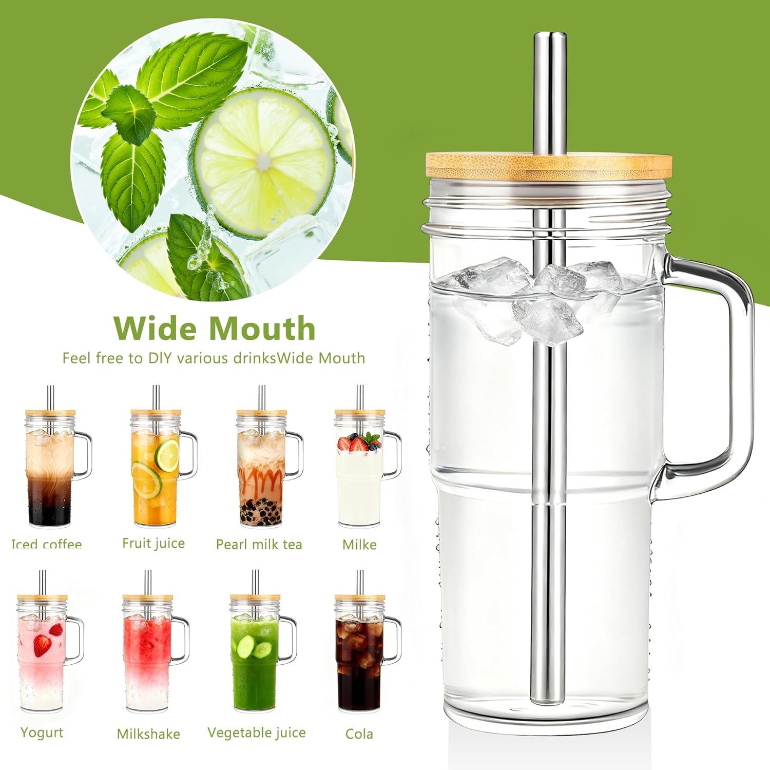 Glass Cups with Bamboo Lids and Straws,24oz Glass Tumbler with Handles,4-Pack Mason Jar with Lids and Straw Wide Mouth, Reusable Smoothies Cups, Iced Coffee Cups, Drinking Jars Travel Mugs Glass Cups with Bamboo Lids and Straws,24oz Glass Tumbler with Handles,4-Pack Mason Jar with Lids and Straw Wide Mouth, Reusable Smoothies Cups, Iced Coffee Cups, Drinking Jars Travel Mugs