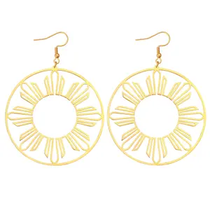 Philippine Sun Hoop Earrings Pinay Pride Jewelry Gold Stainless Steel 2.25 Inches Sun Motif for Everyday Wear or Meaningful Occasions