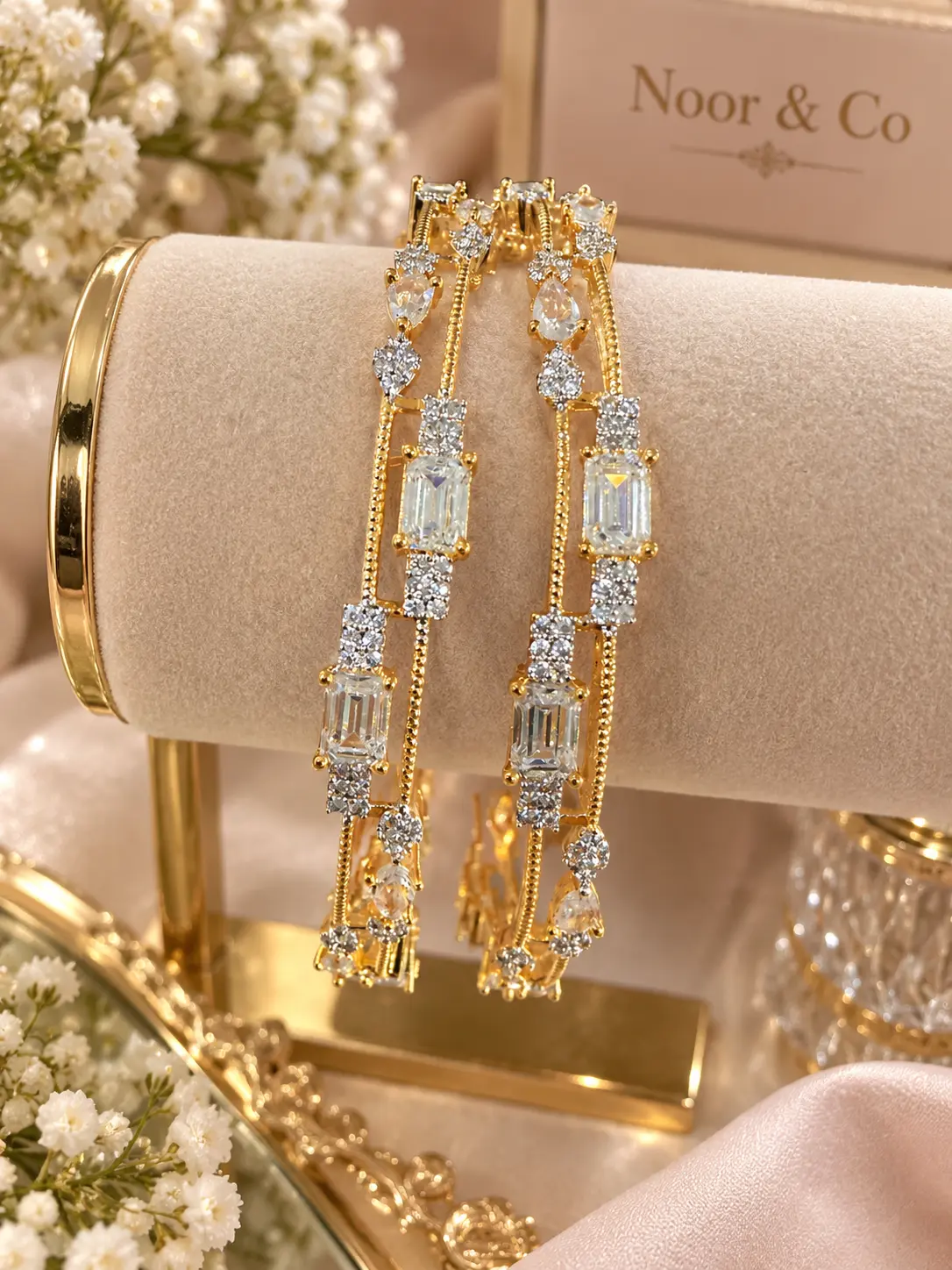 Luxury Gold Tone CZ Bangle Set Size 2.10, Emerald Cut & Pear Stone Statement Bangles, Indian Pakistani Bridal Wedding Jewelry