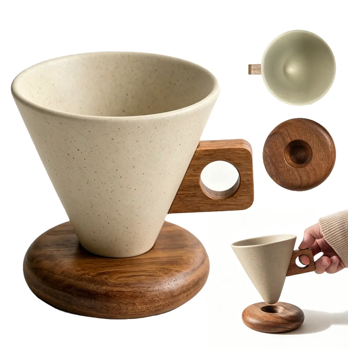 250ml Cone-Shaped Solid Plain Finish Ceramic Coffee Mug - Thick-Walled Drinkware with Wooden Handle, Wood Base, Inverted Elegant Design, Ideal for Cappuccino, Home Use, Gift Option (Drinkware Must-Haves, Elegant Coffee Cups)