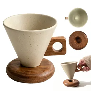 Cone-Shaped Ceramic Coffee Mug with Wooden Handle & Wood Base, Unique Inverted Aesthetic Cup for Home Office & Gifting, 250ml