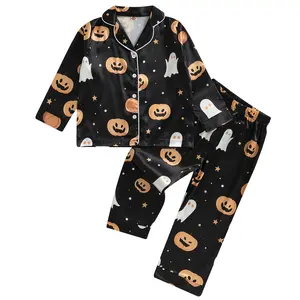 Toddler Baby Boy Girls Silk Halloween Pajamas Pumpkin Print Short/Long Sleeve Fall Pjs Button-Up Satin Pajamas Halloween Nightgown