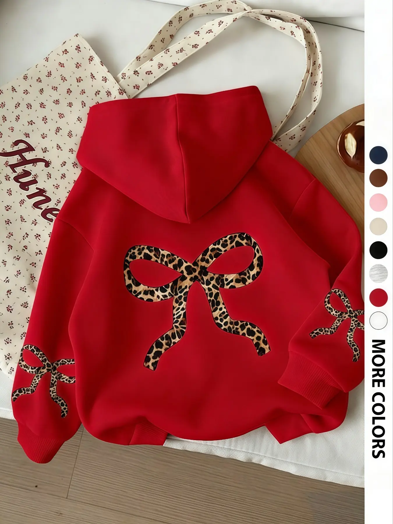 Women's Vintage Leopard Bow Design Feminine Hoodie, Casual Loose Fit Long Sleeve Sweatshirt, Fall & Winter Clothing, Daily Wear Tops, Womenswear