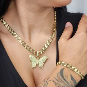 14K Gold Plated Cuban Link Chain with Butterfly Zircon Pendant. 8mm Beautiful Chain. Electro-Laminated Jewelry. Every Day Use Premium 14K Gold Plated