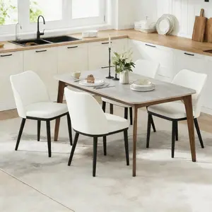 White 4 Dining Chairs: Upholstered Linen Dining Room Side Chairs, Chair for Dining Room with Padded Seat and Wood Legs-Modern Dining Chairs for Restaurant, Kitchen, Cafe, Living Room