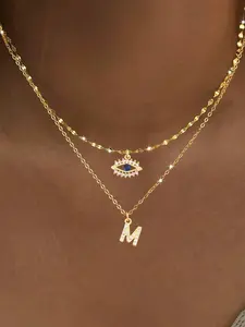 Women's Zirconia Initial Eye Pendant Necklace Set, Stainless Steel Layered Chain Design, Fashionable Jewelry, Layered Necklaces