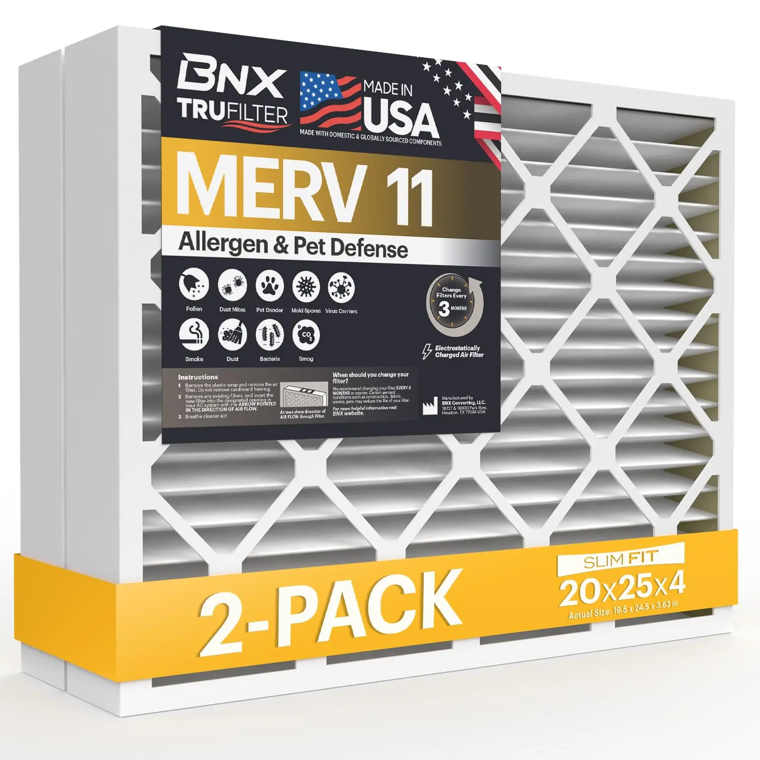 BNX TruFilter 20x25x4 Rectangular High Efficiency MERV 11 Air Filter (2-Pack) - MADE IN USA - Home Allergen Defense Electrostatic Pleated HVAC AC Furnace Filter for Allergy Sufferers, Dust, Filtration