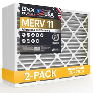BNX TruFilter 20x25x4 Air Filter MERV 11 (2-Pack) - MADE IN USA - Allergen Defense Electrostatic Pleated Air Conditioner HVAC AC Furnace Filters for Allergies, Dust, Pet, Smoke, Allergy MPR 1200 FPR 7