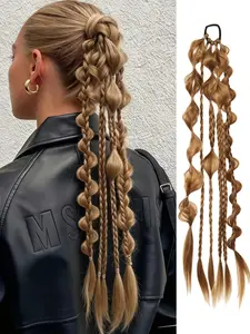 Long Pre-styled Multiple Braided Ponytail Hairpiece（1 piece），Handmade Mixed Color Bubble Twist Braids - Vacation Style Hair Extensions, Suitable For All Hair Types,Bubble Braid Ponytail Extension,   Women Daily Wear Fashion Hair Accessories