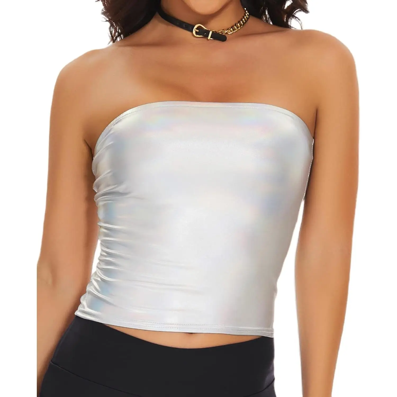 Women's Cute Sleeveless Metallic Shimmer Strapless Crop Tube Top - Elastic Breathable Mesh Bandeau Bra for Dancing, Parties, Costumes, Party, Short