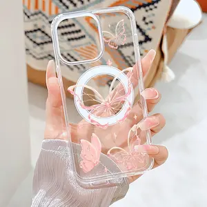 High-End Pink Butterfly Compatible with iPhone 16 15 Pro Max Plus 14 13 12 mini 11 X XR XS Beautiful Gift Durable shockproof Anti-Scratch PC Protective Case Design Offers Shockproof Supports Magnetic Wireless Charging