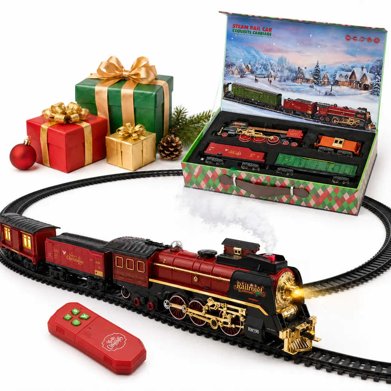 Premium Christmas Train Gift Box Set with Remote Control, Steam Mist Electric Railway Toy with Lights & Sound for Kids Holiday Gift