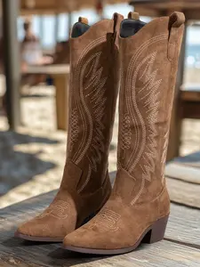 Embroidered Western Cowboy Boots Classic V-Shape Boot Mouth Vintage Wave Embroidery Pattern Chunky Heel Height Increase Slim Fit