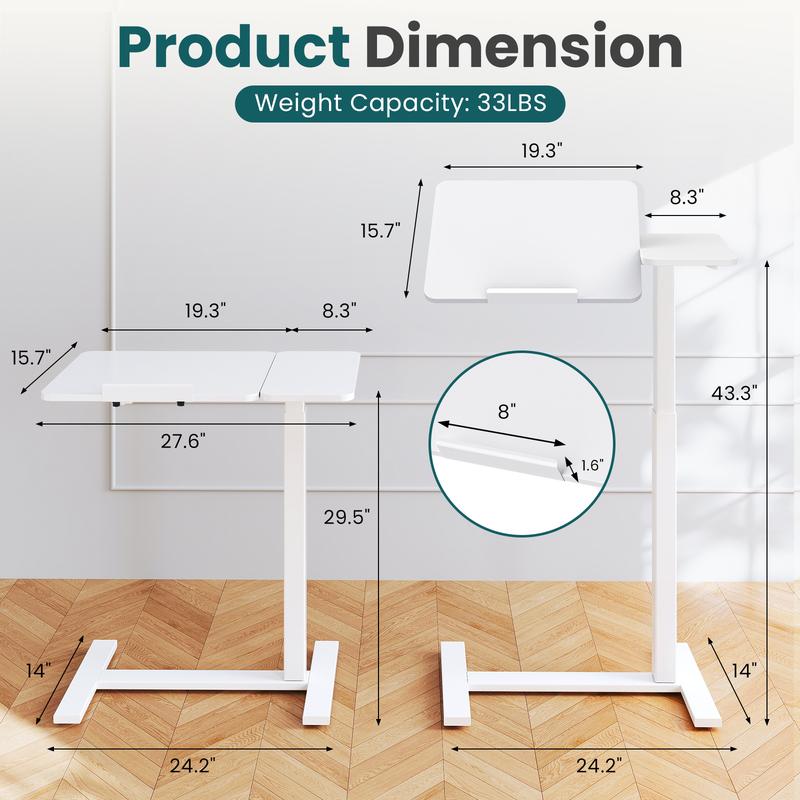 Overbed Bedside Table with Wheels, Adjustable Hospital & Home Use Bed Table, Rolling Laptop Table, Mobile Standing Desk