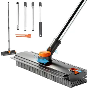 3-in-1 Home Supplies Floor Scrub Brush with Squeegee & Tweezer, Foldable Heavy-Duty Stiff 90° Bristle Push Broom with Long Handle, No Dustpan Household Cleaning Products for Patio, Tile, Concrete Surfaces