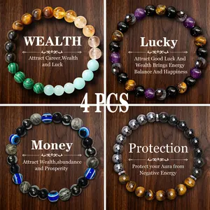 4PCS Arpurraina Money Attraction Bracelet with Green Aventurine & Tiger Eye - blue friendship bracelet beaded jewelry protection bracelet encouragement gift fashion artificial bracelet of the day Colorblock Beaded Crystal Bracelet