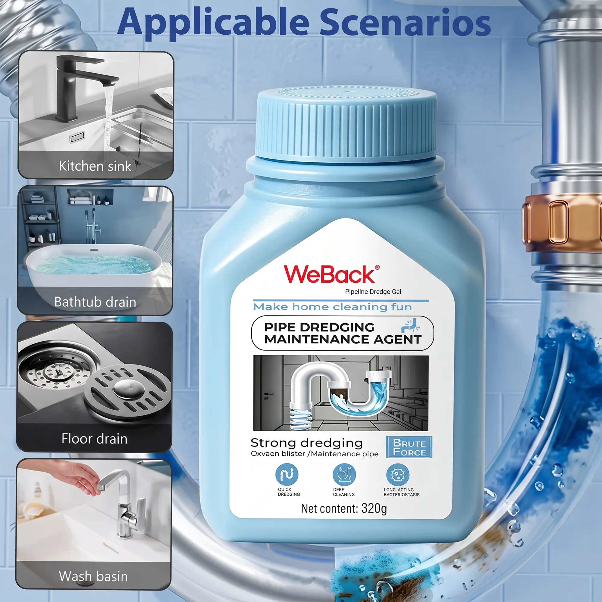 WeBack Non-Corrosive Drain Cleaner - 320g Fast-Acting Formula, Garbage Disposal Cleaner, Anti-Bacterial (99% Bacterial Kill), Destroys Hair Clogs, Deodorizing Effect, Household Items for Kitchen/Toilet Pipelines