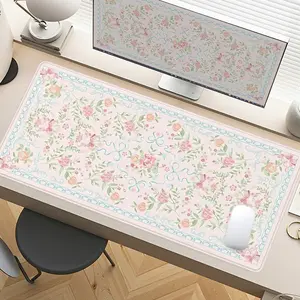Pink Floral with Vintage Border Desk Pad Gaming Mousepad XXL Mouse Pad for Laptop Desk Mouse Pad Extra Large with Non - Slip Rubber Base Stitched Edges Surface for PC Gamers Office Workers & Home Use Desk Accessories Desktop Accessory