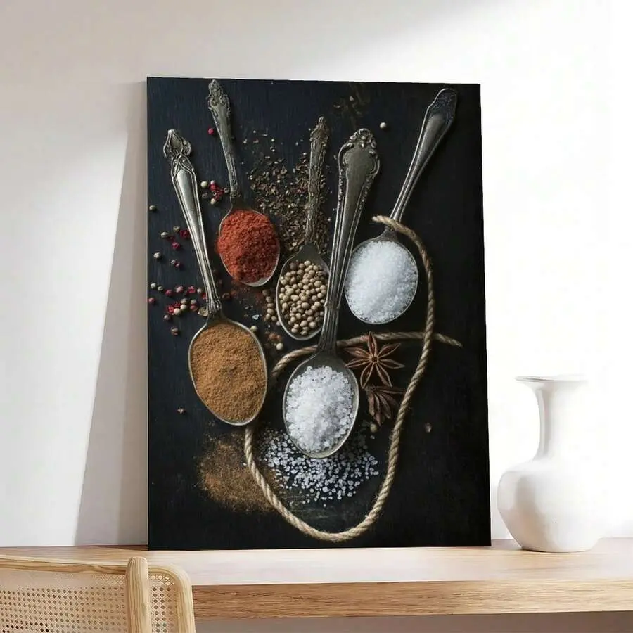 1 Pc Canvas Painting, Placement Of Various Spices , Wooden Framed Art,High Quality ,Thickness 2.25cm/1in Thick Wall Art Printed Poster, Directly Hung For Family Gifts, Living Room Decoration, Bathroom Decoration, Bedroom Decoration,shadow