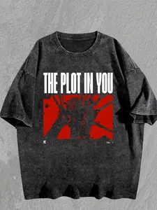THE PLOT IN YOU Men's Heavyweight Washed Vintage T-Shirt - 100% Cotton Hip-Hop Streetwear with Bold Graphic Print & Red Splatter Design, Distressed Texture, Unisex Fit, All-Season Casual Shirt for Men and Women, Machine Washable Retro Style
