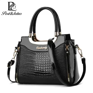 [Mother's Day Gift] Port&Lotus Small Crocodile Pattern Handbags for Women Crossbody Purses for Women with Adjustable Shoulder Strap Patent PU Leather Women Bags with Doulble Top Handle
