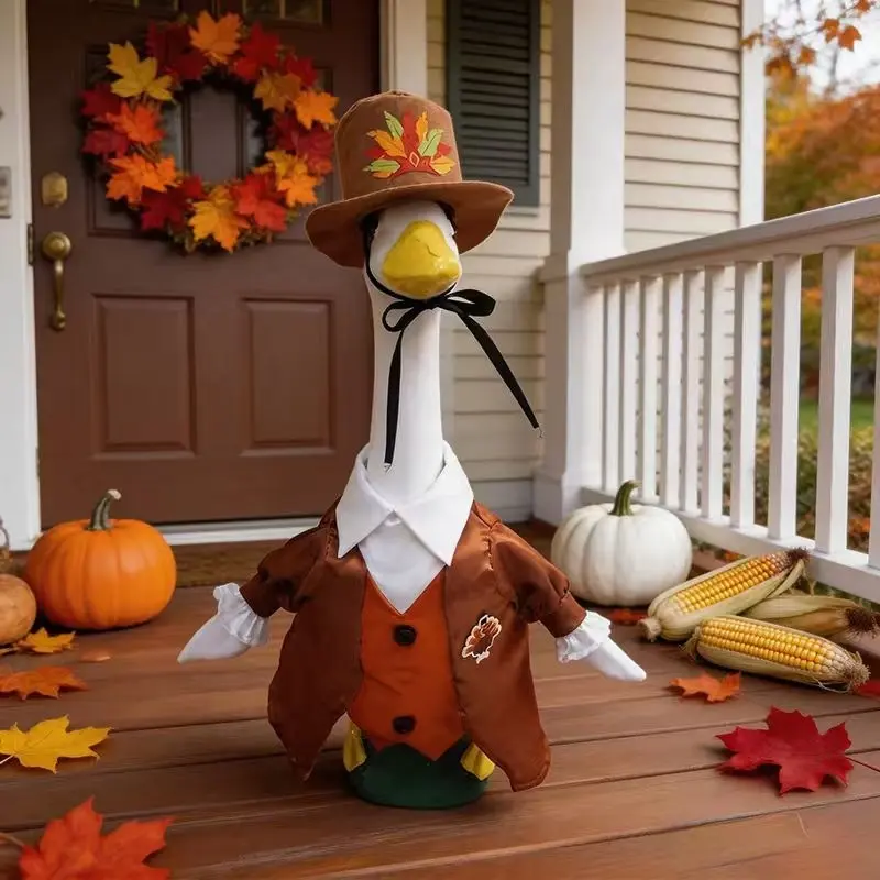 Thanksgiving Summer Porch Goose Costume Set, Festive Holiday Decor 23-Inch Cement Goose Decor, Gentleman Hat and Suit, Outdoor Garden Decoration Ornaments, Patio Decoration, Party Atmosphere Props, Party Decoration Supplies