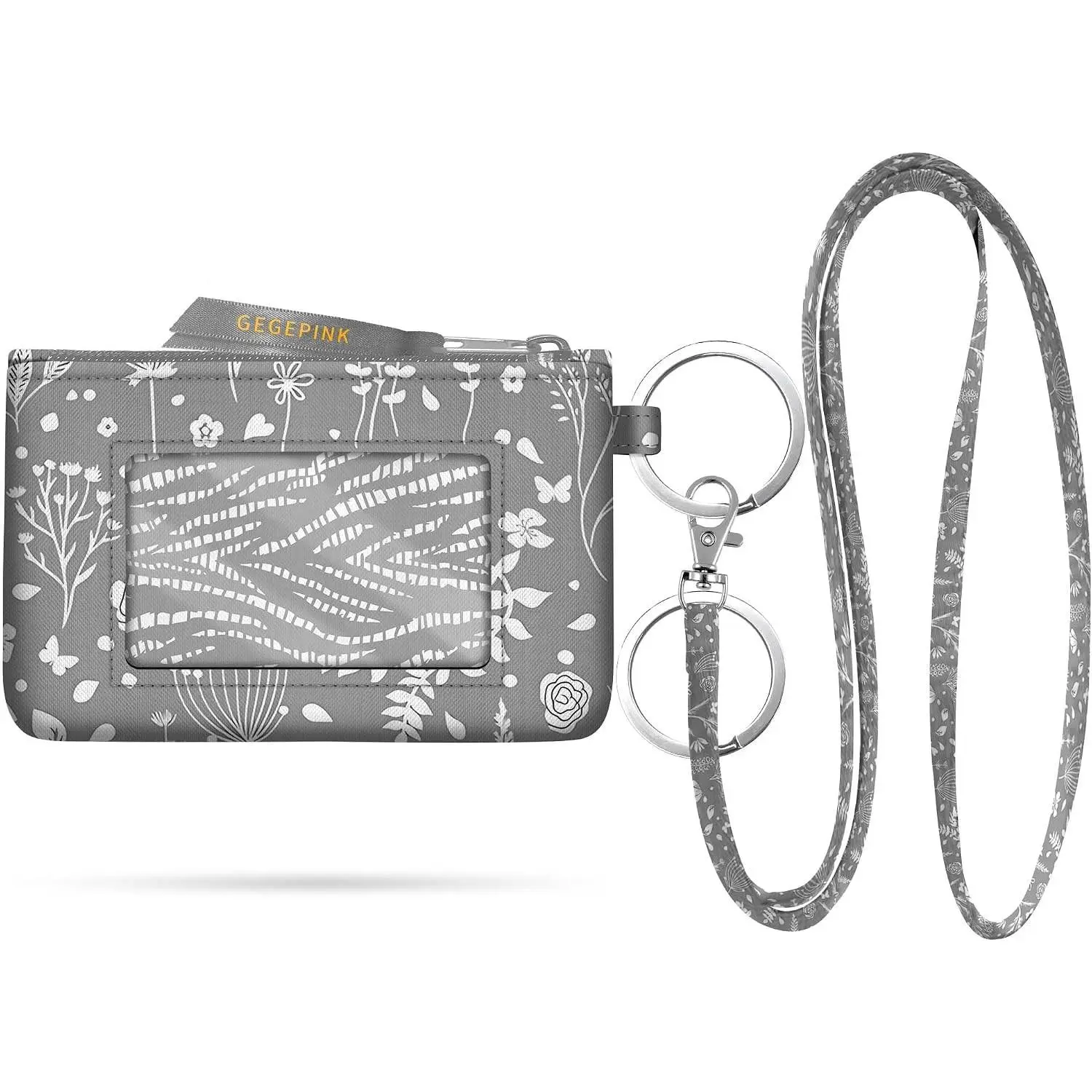 Minimalist Water Resistant ID Case Keychain Wallet with Lanyard Small Coin Pouch with Clear ID Window Cute Zipper Grey Flower