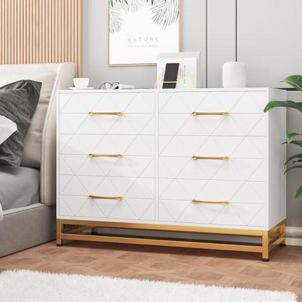 White Dresser for Bedroom with 6 Drawers, Wood Chest of Drawers, TV Stand, Morden Dresser for Closet, Living Room, Hallway, Nursery
